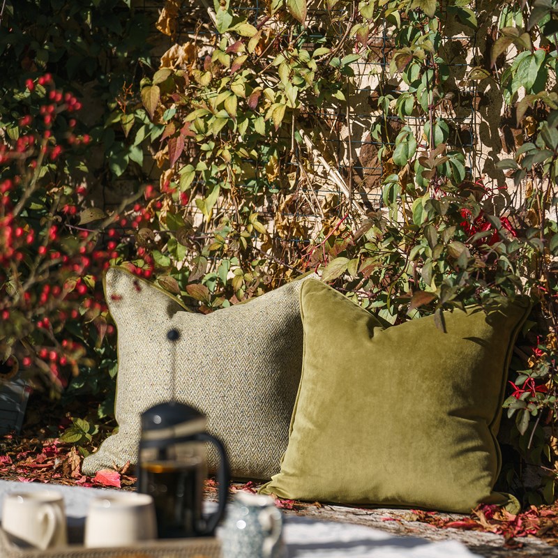Luxury velvet cushions, styled in an autumnal setting.